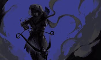 1girl absurdres armor arrow_(projectile) cloak commentary english_commentary facing_viewer feet_out_of_frame highres holding holding_arrow hood hood_up hooded_cloak limited_palette logicsterrr no_eyes partially_shaded_face quiver scarf serious shadow_slave shoulder_armor skirt smoke solo standing