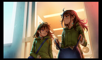 Rule 34 | 2girls, as109, bag, blue eyes, blush, brown hair, city no.109, collar, emerald (as109), grin, highres, jacket, long hair, mole, mole under mouth, multiple girls, original, pout, sapphire (as109), smile, washing machine