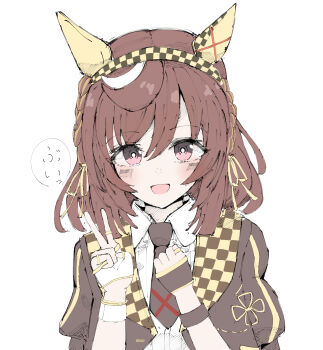 1girl absurdres animal_ears blush braid breasts brown_hair buena_vista_(umamusume) clenched_hand commentary_request hair_between_eyes hair_ornament highres horse_girl looking_at_viewer necktie open_mouth portrait purple_eyes simple_background solo umamusume usa_m_i_777 v