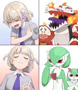 1girl absurdres blue_necktie brown_hair closed_eyes colored_tongue drakeposting_(meme) fire fuecoco gardevoir gen_3_pokemon grey_shirt hair_ornament hand_up highres hololive hololive_dev_is kirlia meme multicolored_hair necktie nintendo open_mouth pokemon pokemon_(creature) pokemon_sv purple_hair purple_tongue red_eyes shirt skeledirge streaked_hair todoroki_hajime virtual_youtuber yume_makurya