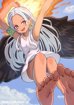 1girl armpits arms_up black_wings blue_sky cloud commentary_request dark-skinned_female dark_skin dress earrings feet foot_focus full_body grey_eyes hamaeru jewelry midair one_piece open_mouth s-snake short_dress sky smile soles solo teeth upper_teeth_only white_dress wings