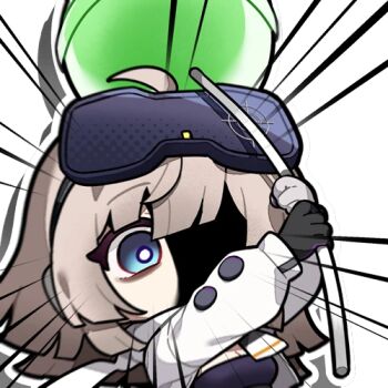 1girl aa-12_(girls&#039;_frontline) artist_request blonde_hair candy chibi chibi_only chinese_commentary food girls&#039;_frontline girls&#039;_frontline_2:_exilium goggles goggles_on_head incoming_attack jacket lind_(girls&#039;_frontline_2) lollipop lowres motion_lines official_art one_eye_in_shadow oversized_food oversized_object partially_shaded_face second-party_source solo speed_lines unconventional_weapon white_jacket