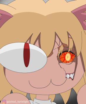 1girl absurdres animal_ear_fluff animal_ears arcueid_brunestud blonde_hair cat_ears cat_girl character_mask colored_sclera cracked_kawaii_mask cracked_mask crazy_eyes crazy_smile dual_persona highres mask melty_blood meme mystic_eyes_of_enchantment neco-arc red_arcueid red_sclera sharp_teeth short_hair smile sweater teeth tsukihime user_srrn8378 white_sweater yellow_eyes