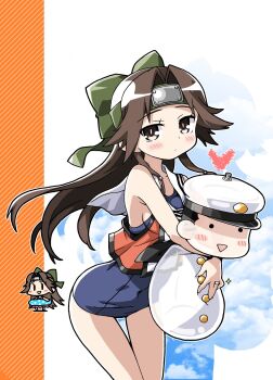 Rule 34 | 1girl, admiral (kancolle), blue one-piece swimsuit, brown eyes, brown hair, character doll, commentary request, curtained hair, doll, forehead protector, green headband, half updo, headband, heart, highres, hug, inflatable toy, jintsuu (kancolle), jintsuu kai ni (kancolle), kantai collection, long hair, multiple views, one-piece swimsuit, orange shirt, sailor collar, school swimsuit, shirt, sleeveless, sleeveless shirt, swimsuit, thigh gap, white sailor collar, yagumo kengou