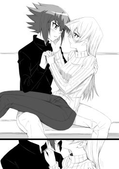 1boy 1girl closed_mouth couple eye_contact greyscale hand_on_another's_cheek hand_on_another's_face hetero highres holding_hands interlocked_fingers kiss long_hair long_sleeves looking_at_another monochrome multicolored_hair pants ribbed_sweater rourou_ill shirt sitting sitting_on_lap sitting_on_person split_screen straight_hair sweatdrop sweater tenjouin_asuka two-tone_hair yu-gi-oh! yu-gi-oh!_gx yuki_judai