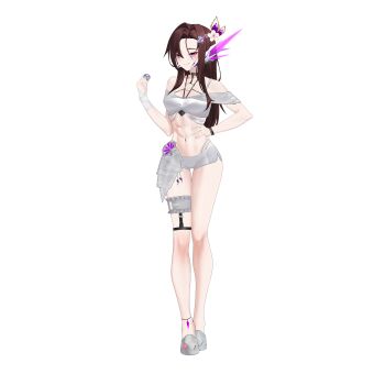 Rule 34 | 1girl, abs, absurdres, anklet, antennae, belly, bracelet, breasts, brown hair, commission, commissioner upload, dusk (wayanfa), eyelashes, hair ornament, hand on own hip, highres, jewelry, knees, legband, navel, non-web source, original, petite, pink eyes, rhan, shoes, small breasts, smile, solo, swimsuit, thighs, transparent background