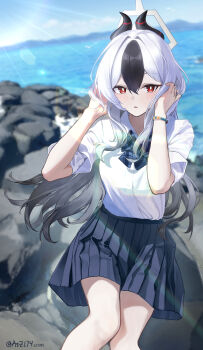 1girl absurdres alternate_costume alternate_hairstyle astelia bead_bracelet beads black_hair blue_archive blue_bow blue_skirt blush bow bracelet demon_girl demon_horns hair_between_eyes hair_down halo hands_in_own_hair highres horns jewelry kayoko_(blue_archive) long_hair looking_at_viewer open_mouth pleated_skirt red_eyes shirt short_sleeves sidelocks sitting skirt solo white_hair white_halo white_shirt