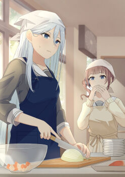 Rule 34 | 2girls, apron, bandana, blue apron, blue eyes, blue hair, blunt bangs, blush, bowl, brown hair, cardigan, collarbone, commentary request, cooking, cutting board, cutting onions, double-parted bangs, expressionless, grey shirt, hair between eyes, highres, holding, holding knife, indoors, knife, long hair, long sleeves, mochizuki honami, multiple girls, project sekai, sailor collar, shirt, side ponytail, sidelocks, sleeves rolled up, standing, sweatdrop, upper body, very long hair, white sailor collar, window, yellow apron, yellow cardigan, yoisaki kanade, yui081