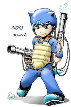 1boy animal_ears armor belt blastoise blue_eyes blue_hair blue_helmet blue_pants blue_shirt blue_shoes blue_wrist_cuffs breastplate brown_armor brown_bag brown_belt brown_vest cable drop_shadow dual_wielding facing_to_the_side fake_animal_ears fake_tail gen_1_pokemon gun helmet holding holding_gun holding_water_gun holding_weapon hose hose_nozzle looking_to_the_side male_focus nintendo numbered orz-orz pants personification pokemon shirt shoes smirk smug strap tail vest water_gun weapon white_background wire wrist_cuffs