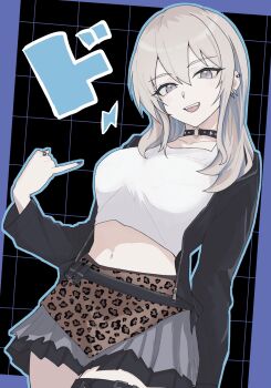 1girl black_choker black_jacket blue_nails blue_outline breasts choker cowboy_shot crop_top ear_piercing girls_band_cry grey_eyes grey_hair hair_between_eyes highres jacket jewelry kawaragi_momoka large_breasts long_hair midriff multicolored_hair n_nai_nai_n nail_polish navel o-ring o-ring_choker open_clothes open_jacket open_mouth outline piercing pinky_out ring roots_(hair) solo tank_top teeth thigh_strap upper_teeth_only white_tank_top