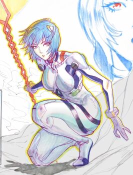 1girl acecore2k ayanami_rei blue_hair bodysuit breasts commentary commission english_commentary gloves hair_ornament hairclip highres holding holding_polearm holding_weapon looking_to_the_side marker_(medium) mecha_pilot_suit medium_breasts neon_genesis_evangelion on_one_knee parted_lips pen_(medium) plugsuit_(evangelion) polearm red_eyes red_lips short_hair solo traditional_media weapon white_bodysuit white_gloves