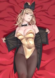 Rule 34 | 1girl, animal ears, bare shoulders, bed sheet, blonde hair, blush, bow, bowtie, breasts, brown eyes, commentary request, detached collar, fake animal ears, glasses, gold leotard, gold trim, hairband, highleg, highleg leotard, highres, large breasts, leotard, long hair, looking at viewer, lying, off shoulder, on back, open clothes, original, pantyhose, playboy bunny, rabbit ears, solo, strapless, strapless leotard, yellow nails, yuuji (and)
