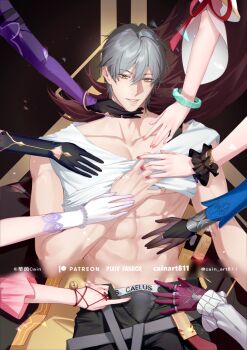 1boy 6+girls artist_name black_bridal_gauntlets black_gloves black_male_underwear black_pants black_scrunchie black_swan_(honkai:_star_rail) bow bracelet bridal_gauntlets bulge caelus_(honkai:_star_rail) cain_art811 character_name clothes_lift commentary_request cowboy_shot gloves green_bow hand_on_another&#039;s_chest hand_on_another&#039;s_chin harem highres himeko_(honkai:_star_rail) holding_another&#039;s_wrist holding_hands honkai:_star_rail honkai_(series) jacket jewelry jingliu_(honkai:_star_rail) kafka_(honkai:_star_rail) looking_at_viewer lying male_focus male_underwear multiple_girls nail_polish on_back open_pants pants parted_lips pearl_bracelet purple_gloves red_nails robin_(honkai:_star_rail) ruan_mei_(honkai:_star_rail) scrunchie shirt shirt_lift short_hair sleeveless sleeveless_shirt smile solo_focus sparkle_(honkai:_star_rail) spider_web_print tingyun_(harmony)_(honkai:_star_rail) tingyun_(honkai:_star_rail) toned toned_male trailblazer_(honkai:_star_rail) two-sided_fabric two-sided_jacket underwear unworn_jacket white_gloves white_shirt wrist_scrunchie yellow_eyes