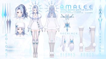 1girl absurdres artist_name blue_eyes blue_hair boots breasts butterfly_ornament character_name cleavage coat color_guide commentary earrings english_commentary fur-trimmed_boots fur-trimmed_coat fur_hat fur_trim gloves grey_boots grey_thighhighs halo hat highres indie_virtual_youtuber janyhero jewelry lucidsky medium_breasts monarch_amalee monarch_amalee_(winter) multiple_views official_alternate_costume official_alternate_hairstyle papakha ponytail reference_sheet skindentation thighhighs turnaround virtual_youtuber white_coat white_gloves white_hat