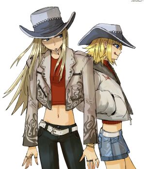 2girls blonde_hair blue_eyes blush bracelet cigarette commentary cowboy_hat crop_top cropped_jacket earrings elizabeth_thompson floating_hair hat highres jewelry long_hair midriff multiple_girls navel oestart pants patricia_thompson ring short_hair siblings signature simple_background sisters smile soul_eater white_background
