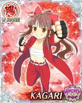 1girl aged_down blunt_bangs card_(medium) chest_sarashi clenched_teeth delinquent fingerless_gloves flat_chest gakuran game_cg gloves grin hair_ribbon headband high_ponytail kagari_(senran_kagura) long_hair looking_at_viewer navel non-web_source official_alternate_costume official_art ponytail raised_fist red_eyes red_hair red_ribbon ribbon sarashi school_uniform senran_kagura senran_kagura_new_wave sidelocks smile solo sukeban teeth