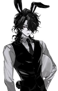 Rule 34 | 1boy, absurdres, alternate costume, animal ears, black hair, black necktie, black vest, cowboy shot, eichi turnr, ensemble stars!, grey shirt, hair over one eye, highres, holding, holding tray, looking at viewer, male focus, medium hair, necktie, parted lips, rabbit ears, rabbit tail, red eyes, sakuma rei (ensemble stars!), shirt, simple background, tail, tray, vest, waistcoat, white background