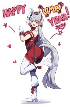 1girl 2026 animal_ears arm_up armband ass belt blunt_bangs boots breasts brown_belt brown_hat chinese_zodiac commentary dress english_commentary english_text from_side gloves gold_ship_(red_strife)_(umamusume) gold_ship_(umamusume) grey_hair hand_up happy_new_year hat highres hinghoi horse_ears horse_girl horse_tail large_breasts long_hair looking_at_viewer new_year official_alternate_costume one_eye_closed open_mouth pantyhose pillbox_hat pink_eyes red_armband red_dress sleeveless sleeveless_dress smile solo tail umamusume white_boots white_gloves white_pantyhose year_of_the_horse