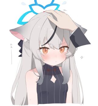 1girl anger_vein animal_ear_fluff animal_ears armpit_crease bare_shoulders black_dress black_ribbon black_streaks blue_archive blue_halo blush china_dress chinese_clothes closed_mouth clothing_cutout collarbone collared_dress diamond_cutout disembodied_hand dot_nose dress embarrassed furrowed_brow grey_hair hair_between_eyes hair_ribbon halo hand_on_another&#039;s_head headpat kokona_(blue_archive) long_hair long_sidelocks looking_at_viewer multicolored_hair orange_eyes pout ribbon sidelocks simple_background sleeveless sleeveless_dress solo streaked_hair striped_clothes striped_dress tearing_up tiger_ears tiger_girl tntl_nemui translated two-tone_hair upper_body vertical-striped_clothes vertical-striped_dress white_background