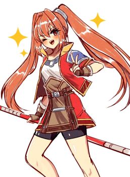1girl antenna_hair armor bike_shorts bike_shorts_under_skirt bo_staff breasts brown_gloves brown_hair commentary cropped_jacket eiyuu_densetsu english_commentary estelle_bright fingerless_gloves floating_hair gloves hair_intakes high_collar holding holding_staff holding_weapon kamaniki long_hair one_eye_closed pauldrons red_eyes short_sleeves shorts shorts_under_skirt shoulder_armor simple_background single_pauldron skirt small_breasts solo sora_no_kiseki sparkle_background staff twintails upper_body v weapon white_background