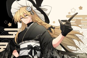 1girl alternate_costume black_bow black_gloves black_hat black_kimono blonde_hair bow braid closed_mouth commentary_request egasumi floral_print floral_print_kimono flower fuko_(fukkofuko) gloves hair_between_eyes hair_bow hat highres japanese_clothes kimono kirisame_marisa long_hair long_sleeves looking_at_viewer obi obijime print_kimono sash seigaiha side_braid single_braid smile solo star_(symbol) touhou upper_body white_background white_flower white_hat white_sash wide_sleeves witch_hat yellow_eyes