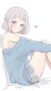Rule 34 | 1girl, absurdres, armpits, blue cardigan, blue eyes, blue ribbon, blush, bob cut, braid, breasts, cardigan, closed mouth, dolphin shorts, feet out of frame, from side, gakuen idolmaster, grey hair, grey shorts, hair ribbon, half up braid, hands on own knees, heart, highres, idolmaster, katsuragi lilja, knees up, long sleeves, looking at viewer, off shoulder, open cardigan, open clothes, ribbon, ribbon braid, sangria, short hair, shorts, simple background, sitting, smile, solo, split mouth, swept bangs, tank top, white background, white tank top