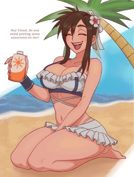 1girl absurdres bare_legs barefoot beach bikini bikini_skirt black_hair breasts cleavage commentary english_commentary english_text final_fantasy final_fantasy_vii final_fantasy_vii_remake flower frilled_bikini frills hair_flower hair_ornament highres huge_breasts microskirt official_alternate_costume official_alternate_hairstyle pengan skirt smile solo swimsuit thong thong_bikini tifa_lockhart tifa_lockhart_(shining_spirit) white_bikini