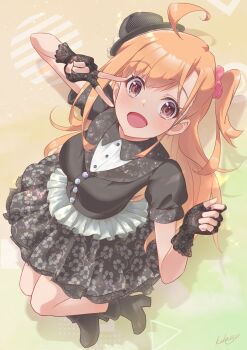 Rule 34 | 1girl, :d, absurdres, ahoge, black boots, black gloves, black jacket, black skirt, boots, breasts, collared shirt, commentary request, commission, contrast collar, cosplay, fingerless gloves, fold-over boots, gloves, green background, hair ornament, hair scrunchie, highres, ikizulive! love live! bluebird, jacket, kobassy, lace, lace gloves, long hair, looking at viewer, love live!, medium breasts, miniskirt, miyamoto kanako, miyamoto kanako (cosplay), one side up, open mouth, orange hair, pink scrunchie, scrunchie, shirt, short-sleeved jacket, short sleeves, signature, skeb commission, skirt, skirt set, smile, solo, takahashi polka, v, white shirt, yellow background