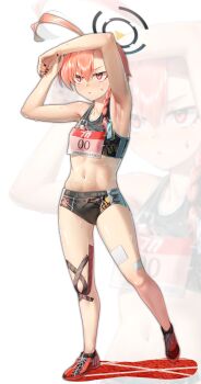 Rule 34 | 1girl, absurdres, ahoge, alternate costume, armpits, arms up, bare arms, bare shoulders, black buruma, black nails, black sports bra, blue archive, breasts, buruma, closed mouth, commentary, cross-laced shoes, full body, halo, highres, huge ahoge, name tag, navel, neru (blue archive), red eyes, red hair, red shoes, shiny skin, shoes, short hair, small breasts, solo, sports bra, stretching, sweat, track uniform, v-shaped eyebrows, walking nakta, zoom layer