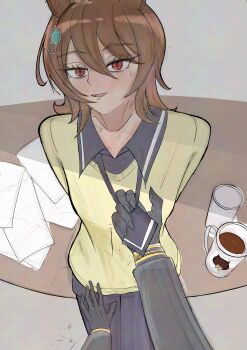 2girls absurdres agnes_tachyon_(umamusume) akamura_h animal_ears black_gloves black_shirt blush clothes_grab collared_shirt cup ear_ornament ear_tag earrings flustered gloves hair_between_eyes hand_on_another&#039;s_thigh highres horse_ears horse_girl jewelry long_sleeves manhattan_cafe_(umamusume) medium_hair mug multiple_girls necktie necktie_grab neckwear_grab paper parted_lips pov red_eyes shirt single_earring sweatdrop sweater umamusume yellow_sweater yuri