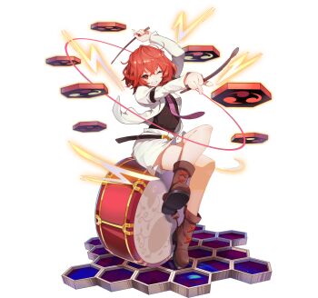 1girl artist_request boots brown_boots drum drumsticks full_body game_asset grin holding holding_drumsticks horikawa_raiko instrument jacket long_sleeves looking_at_viewer medium_hair mitsudomoe_(shape) necktie non-web_source official_art one_eye_closed open_clothes open_jacket plaid_clothes plaid_shirt purple_necktie red_eyes red_hair self-datamine shirt simple_background sitting sitting_on_drum skirt smile solo taiko_drum tomoe_(symbol) touhou touhou_arcadia_record transparent_background white_jacket white_skirt