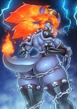 1girl absurdres armlet ass big_hair black_leotard blowing_smoke blue_skin bowser bowsette bracelet breasts breathing_smoke chain collar colored_skin crown deep_skin elbow_gloves electricity fire fury_bowser giant giantess gloves glowing glowing_eyes gluteal_fold gofa gradient_hair highres horns jewelry kaiju large_breasts leotard lightning looking_at_viewer looking_back mario_(series) monster_girl multicolored_hair new_super_mario_bros._u_deluxe nintendo pointy_ears rain shoulder_pads shoulder_spikes smile smoke solo spiked_armlet spiked_bracelet spiked_thighlet spikes steam storm super_crown super_mario_3d_world thick_thighs thighlet thighs thong thong_leotard water_drop wet