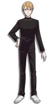 1boy anime_coloring black_jacket black_pants blonde_hair blue_eyes closed_mouth full_body gakuran hair_between_eyes hand_on_own_hip jacket kaguya-sama_wa_kokurasetai_~tensai-tachi_no_renai_zunousen~ long_sleeves looking_at_viewer official_art pants school_uniform shirogane_miyuki shoes short_hair shuuchiin_academy_school_uniform simple_background solo standing transparent_background tsurime white_shoes yahiro_yuuko