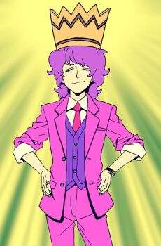 Rule 34 | 1boy, closed eyes, commentary request, cowboy shot, crown, formal clothes, jacket, jewelry, lee (dragon garou), male focus, napoli no otokotachi, necktie, pants, pink jacket, pink necktie, pink pants, pink suit, purple vest, randre de francis, ring, sleeves rolled up, smile, suit, vest, watch, wristwatch