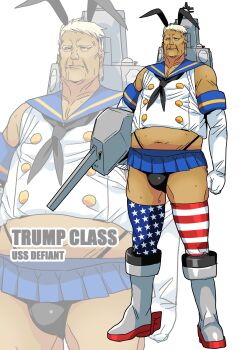 1boy absurdres american_flag_legwear animal_ears blonde_hair boots bulge commentary_request cosplay crop_top crossdressing crossdressing_(mtf) donald_trump elbow_gloves fake_animal_ears fat fat_man gloves goru_(glty07) highleg highleg_panties highres kantai_collection knee_boots machinery male_focus microskirt navel old old_man panties rabbit_ears real_life shimakaze_(kancolle) shimakaze_(kancolle)_(cosplay) ship_turret skirt solo star_(symbol) tan thighhighs underwear uss_defiant_(bbg-1) zoom_layer
