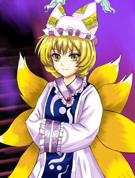 Rule 34 | 1girl, absurdres, animal hat, blonde hair, blue tabard, closed mouth, commentary, dress, fox tail, hands in opposite sleeves, hat, highres, kitsune, kusaka44, looking at viewer, medium hair, mob cap, multiple tails, smile, solo, stairs, tabard, tail, touhou, white dress, yakumo ran, yellow eyes