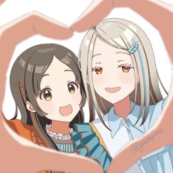 Rule 34 | 2girls, :d, blonde hair, blue streaks, blurry, blurry foreground, brown eyes, brown hair, collared shirt, colored eyelashes, commentary request, depth of field, gachiponz, gakuen idolmaster, hair ornament, hairclip, heart, heart hands, heart hands duo, highres, idolmaster, laurels, leaf hair ornament, light blush, long hair, looking at viewer, michinaru hirogaru (idolmaster), multicolored hair, multiple girls, open mouth, orange eyes, orange streaks, parallel hairclips, parted bangs, shirt, simple background, smile, streaked hair, swept bangs, twitter username, upper body, watermark, white background