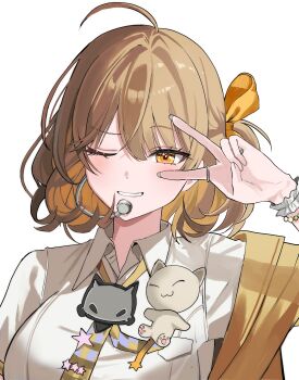 1girl absurdres anis_(nikke) anis_(star)_(t.t._star)_(nikke) bow bracelet brown_hair cat_ornament collared_shirt commentary_request goddess_of_victory:_nikke grey_nails hair_bow headset highres idol jacket jewelry kawai_sung korean_commentary long_sleeves looking_at_viewer multiple_bracelets necktie official_alternate_costume one_eye_closed plaid_clothes plaid_necktie shirt simple_background smile solo star-shaped_pupils star_(symbol) symbol-shaped_pupils upper_body v white_background white_shirt yellow_bow yellow_eyes yellow_jacket yellow_necktie