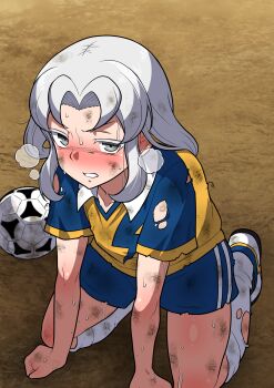 1girl akasode_matsuri_(inazuma_eleven) blush burningsushi dirty grey_eyes grey_hair inazuma_eleven_(series) inazuma_eleven_victory_road looking_at_viewer parted_lips raimon raimon_soccer_uniform soccer_uniform solo sportswear sweat teeth torn_clothes
