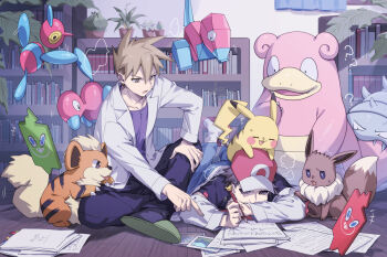 Rule 34 | 2boys, 2girls, 88 (einnimnech), ?, baseball cap, black hair, black pants, blue oak, blue pants, book, bookshelf, brown eyes, brown hair, coat, collarbone, commentary request, eevee, evolutionary line, gen 1 pokemon, gen 2 pokemon, gen 4 pokemon, growlithe, hat, highres, holding, holding pencil, jewelry, lab coat, lying, male focus, multiple boys, multiple girls, necklace, nintendo, on head, on stomach, open clothes, open coat, open mouth, pants, paper, pencil, pikachu, plant, pointing, pokemon, pokemon (creature), pokemon on head, porygon, porygon-z, porygon2, potted plant, purple shirt, red (pokemon), red hat, rotom, rotom phone, shirt, short hair, slippers, slowbro, socks, spiked hair, white coat, white socks, writing