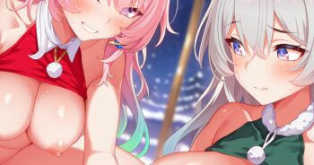 2girls aqua_hair blush breasts clothes_lift commentary commentary_request cropped cyrene_(demiurge)_(honkai:_star_rail) cyrene_(honkai:_star_rail) diamond-shaped_pupils diamond_(shape) earrings english_commentary firefly_(honkai:_star_rail) grey_hair honkai:_star_rail honkai_(series) jewelry large_breasts long_hair mixed-language_commentary multicolored_hair multiple_girls nipples paid_reward_available pink_hair purple_eyes shirt_lift smile sweat symbol-shaped_pupils takashia two-tone_hair very_long_hair white_hair
