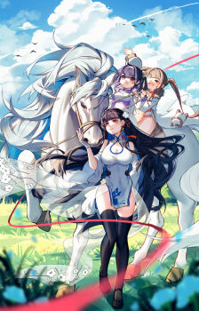 3girls absurdres azur_lane bare_shoulders black_hair black_shoes black_thighhighs breasts brown_hair china_dress chinese_clothes chinese_new_year cleavage cloud cloudy_sky commentary_request day detached_sleeves dress fingerless_gloves floral_print floral_print_dress framed_breasts gloves highres horseback_riding kisa2kb large_breasts long_hair multiple_girls ning_hai_(azur_lane) open_mouth outdoors panda pelvic_curtain ping_hai_(azur_lane) print_dress purple_dress purple_hair red_dress red_eyes riding shoes sky string string_of_fate thighhighs very_long_hair white_dress white_gloves white_horse yat_sen_(azur_lane)