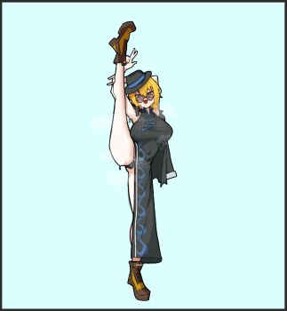 1girl :d black_coat black_dress black_hat black_panties blonde_hair blue_background breasts brown-tinted_eyewear brown_shoes catnip_scent china_dress chinese_clothes cinq_association_east_uniform coat coat_on_shoulders covered_navel don_quixote_(project_moon) dress earrings fang full_body hat huge_breasts jewelry leg_lift limbus_company looking_at_viewer no_pants open_mouth panties partially_opaque_sunglasses project_moon round_eyewear shoes short_hair simple_background single_earring skin_fang smile solo split standing standing_on_one_leg standing_split sunglasses tilted_headwear tinted_eyewear underwear yellow_eyes