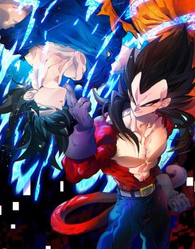 Rule 34 | black hair, blue sash, closed mouth, dougi, dragon ball, dragon ball gt, dragon ball super, dragon ball z dokkan battle, gloves, highres, long hair, male focus, monkey boy, monkey tail, multiple boys, muscular, muscular male, ommmyoh, pants, red fur, saiyan, sash, smile, son goku, spiked hair, super saiyan, super saiyan 4, tail, twitter username, ultra instinct sign, vegeta