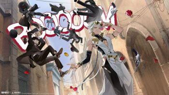 6+boys absurdres adjusting_eyewear alley arm_warmers black_arm_warmers black_hat black_jacket black_pants black_shoes black_suit blue_sky building closed_mouth clothing_cutout coat coin copyright_name copyright_notice cowboy_shot day dutch_angle eyewear_on_head falling falling_petals fedora flower formal_clothes gangster gun hand_up handgun hat highres jacket janus_(xinyue_tongxing) logo mafia multiple_boys official_art official_wallpaper outdoors pants petals red_flower red_rose revolver rose shoes short_hair single_arm_warmer sky sleeveless sleeveless_coat smile suit sunglasses thigh_cutout toned toned_male weapon white_coat white_hair xinyue_tongxing yellow_eyes