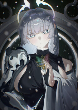 1girl absurdres breasts colored_eyelashes goddess_of_victory:_nikke grey_hair halo highres large_breasts mechanical_arms mechanical_hands mole mole_on_breast monk nayuta_(nikke) single_mechanical_arm single_mechanical_hand solo south_gyun split-color_clothes thick_eyelashes unusually_open_eyes upper_body white_eyelashes