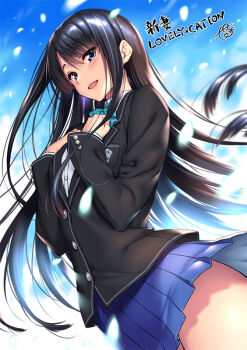 Rule 34 | 1girl, :d, black hair, blazer, blue eyes, blue sky, blush, bow, bowtie, buttons, cherry blossoms, cloud, cloudy sky, comic exe, copyright name, day, hands on own chest, isurugi yuki, jacket, lips, long hair, long sleeves, looking at viewer, niizuma lovely x cation, open mouth, outdoors, petals, piromizu, pleated skirt, school uniform, sidelocks, skirt, sky, smile, solo