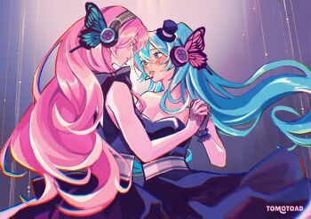 2girls artist_name black_dress black_hat blue_hair blue_wings butterfly_wings commentary dress english_commentary gloves hat hatsune_miku headphones headset highres holding_hands insect_wings lace lace_gloves long_hair magnet_(vocaloid) megurine_luka mini_hat multiple_girls parted_lips pink_hair pink_wings tomotoad very_long_hair vocaloid wings yuri