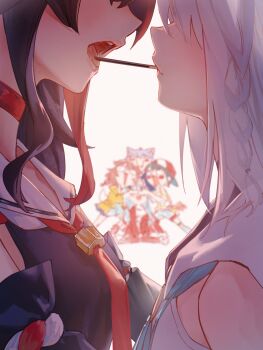 6+girls absurdres black_hair black_shirt black_sleeves blue_neckerchief blurry blurry_background braid chibi choker commentary dated_commentary detached_sleeves food head_out_of_frame highres hololive hololive_gamers hood hooded_vest hoodie hyde_(tabakko) inugami_korone inugami_korone_(1st_costume) kouhaku_nawa multicolored_hair multiple_girls nakiri_ayame nakiri_ayame_(cutie_jersey) neckerchief nekomata_okayu ookami_mio ookami_mio_(1st_costume) oozora_subaru oozora_subaru_(1st_costume) open_mouth pocky pocky_day pocky_kiss red_choker red_hair red_neckerchief rope sailor_collar shared_food shimenawa shirakami_fubuki shirakami_fubuki_(1st_costume) shirt side_braid sidelocks sleeveless sleeveless_shirt streaked_hair vest virtual_youtuber white_hair white_sailor_collar white_vest yuri