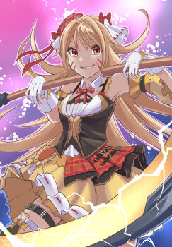 1girl absurdres black_corset closed_mouth copyright_notice corset gloves highres holding holding_behind_back holding_weapon_behind_back kikunojoe_(wixoss) looking_at_viewer nikulas_cage official_art red_hair shirt skirt smile solo thigh_strap white_gloves white_shirt wixoss yellow_skirt